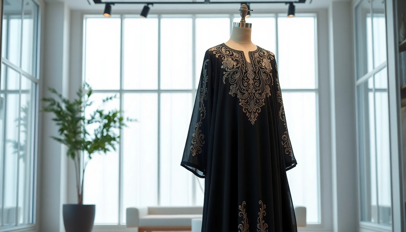 Showcasing a luxurious abaya by a leading Abaya manufacturer in a modern boutique setting.