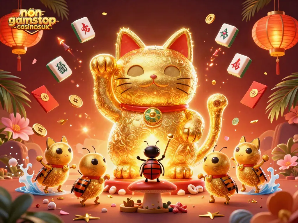 Engage with non-gamstop-casinosuk in a vibrant 3D cartoon casino galaxy with golden luck symbols.