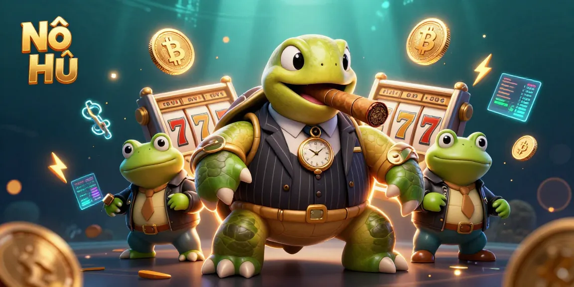 Nổ Hũ slot game scene featuring a snapping turtle in a mobster suit, vibrant casino elements, and crypto coins.