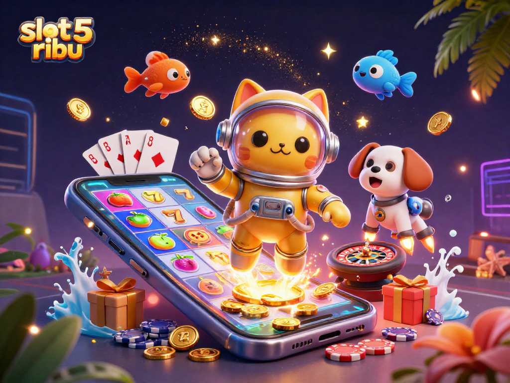 Spin the reels with slot 5 ribu in this vibrant 3D illustration showcasing a colorful space adventure.