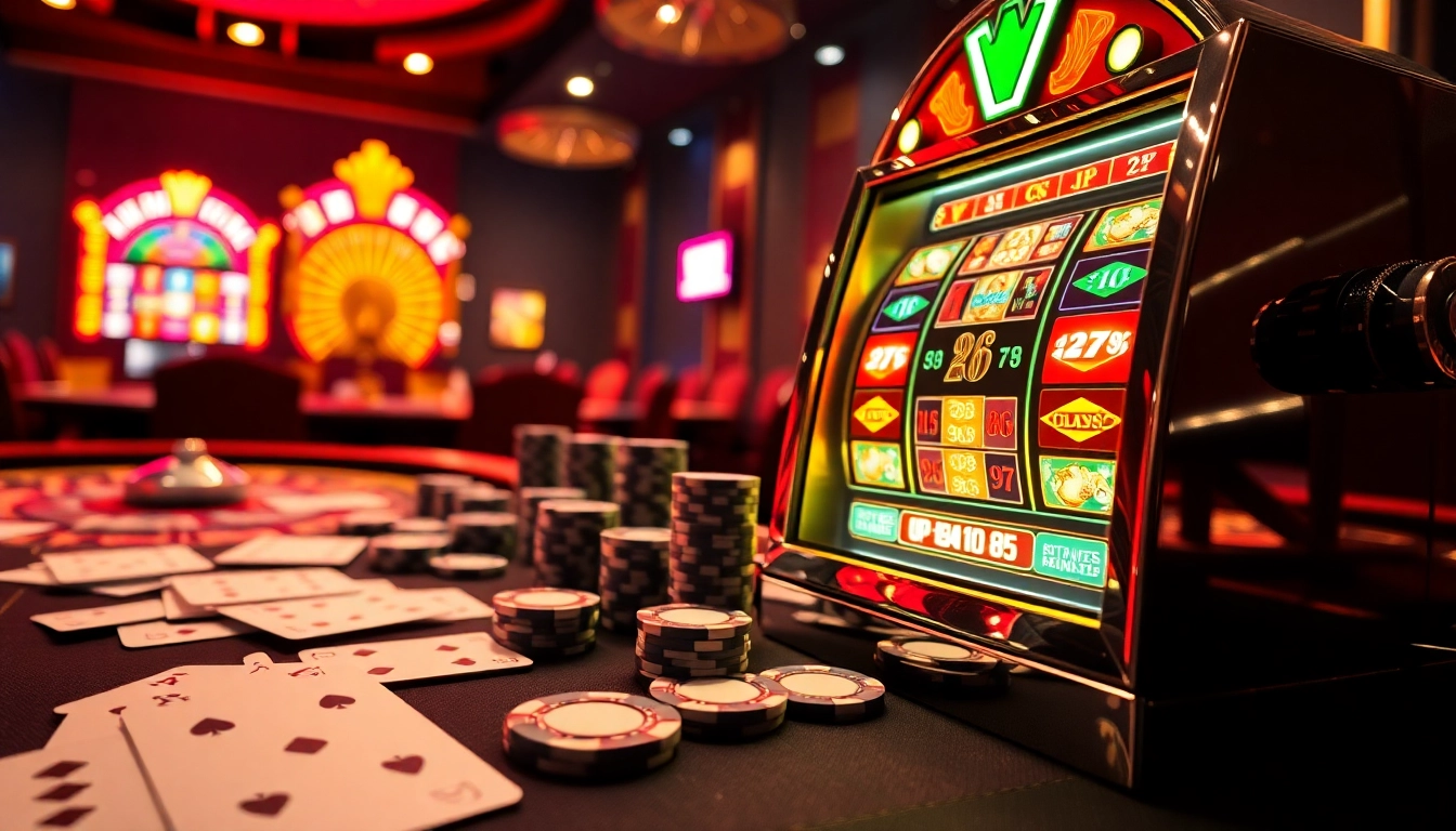 Experience exhilarating gambling at Typhu88 with vibrant casino elements including roulette, cards, and poker chips.