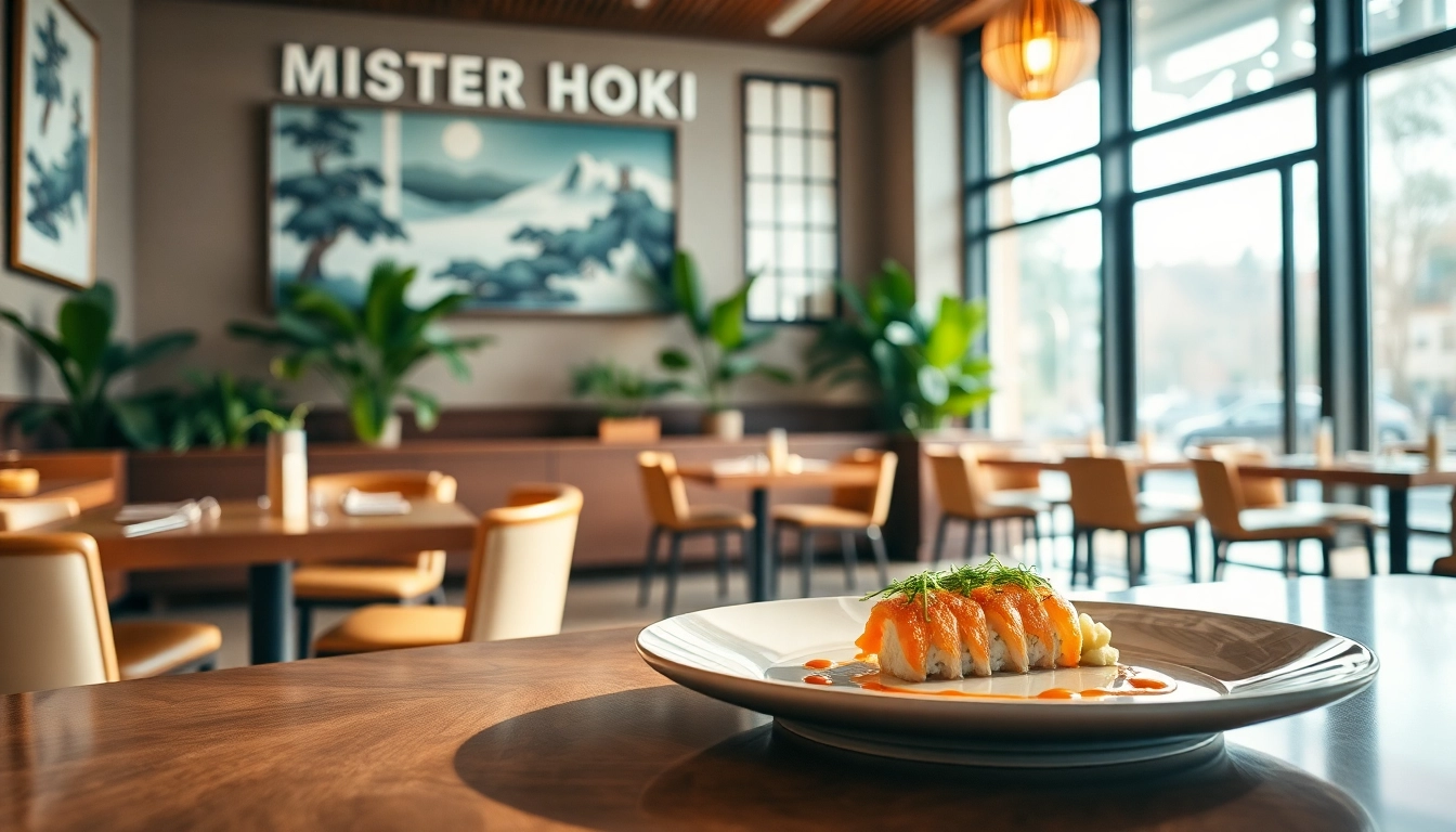 MISTER HOKI restaurant interior showcasing elegant decor and sushi plating.