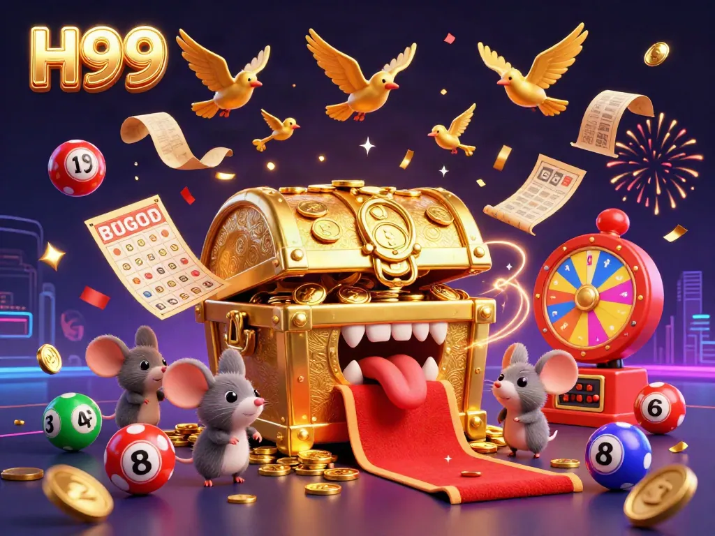 Experience the excitement of H99 with a vibrant casino illustration showcasing treasure and dynamic game elements.