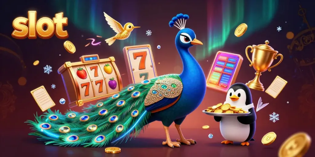 Spin the slot reels in this vibrant, dynamic casino scene with colorful characters.
