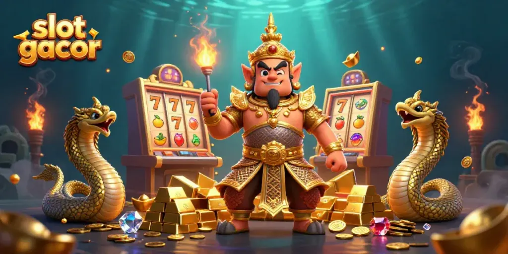 Experience slot gacor thrills with 3D characters and jewels in a vibrant casino scene.