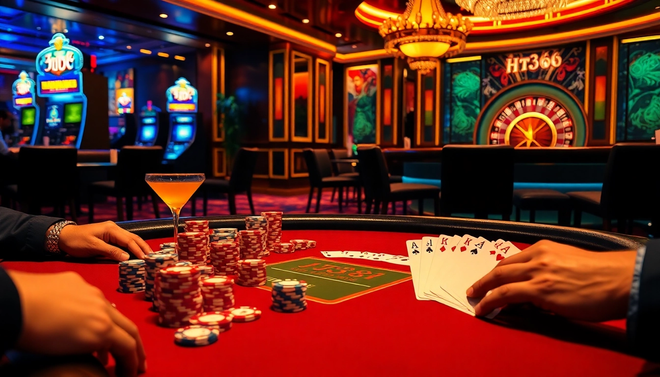 Players engage in a thrilling poker game at HT368's luxurious casino, showcasing vibrant chips and cards.