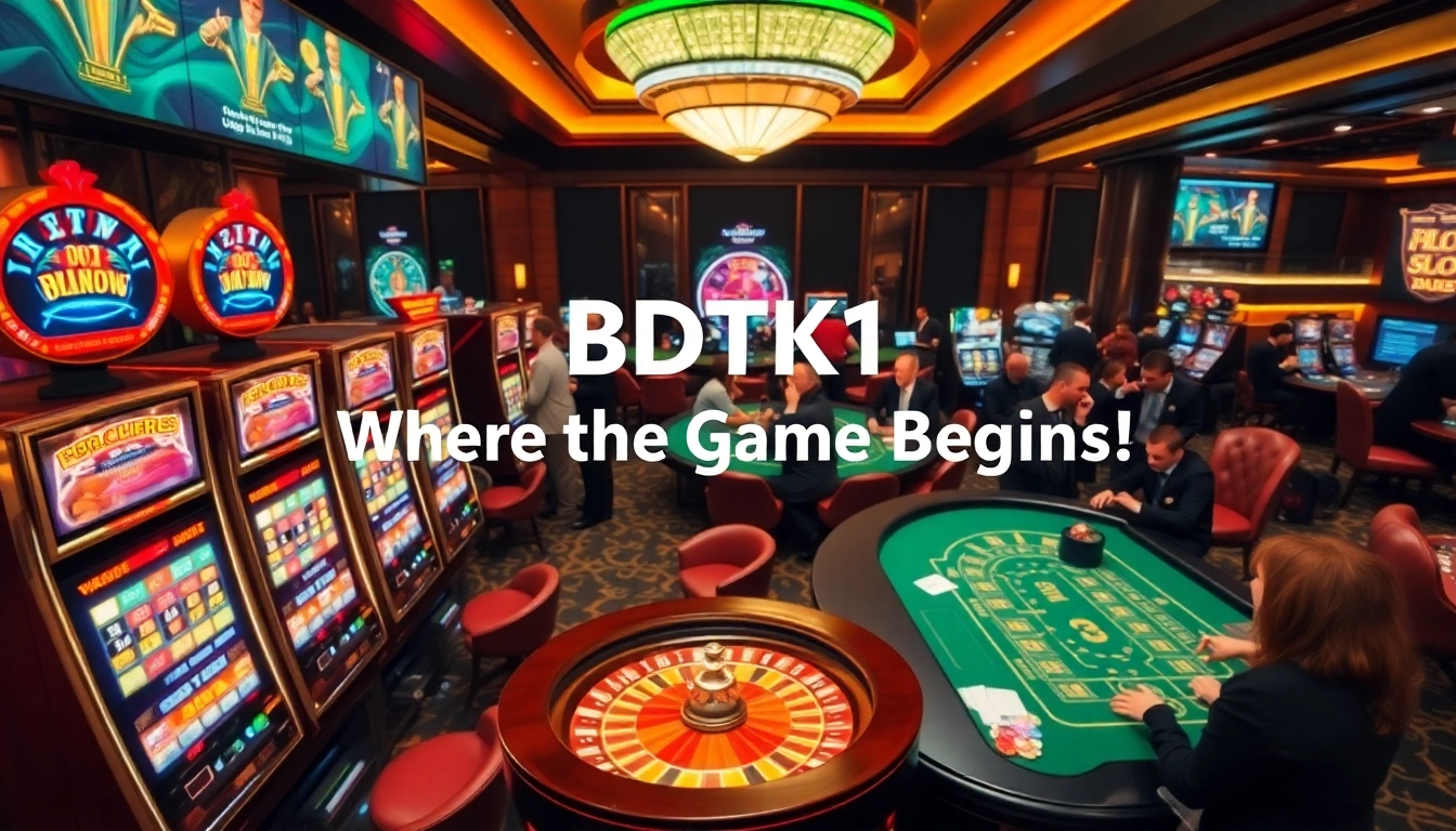 Engaging scene of gamblers enjoying BDTK1 casino games with vibrant slot machines and roulette.