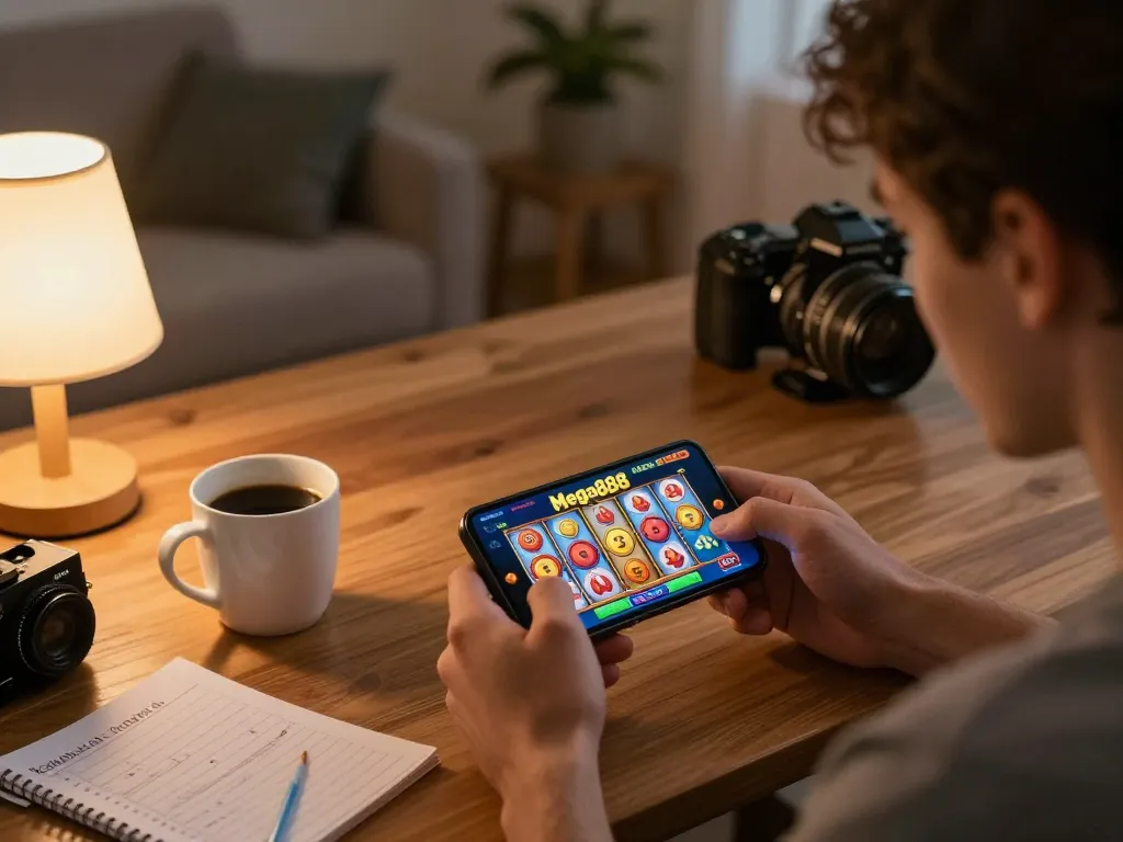 Mega888 app gameplay on a smartphone in a cozy home setting, showcasing engaged user and warm lighting.