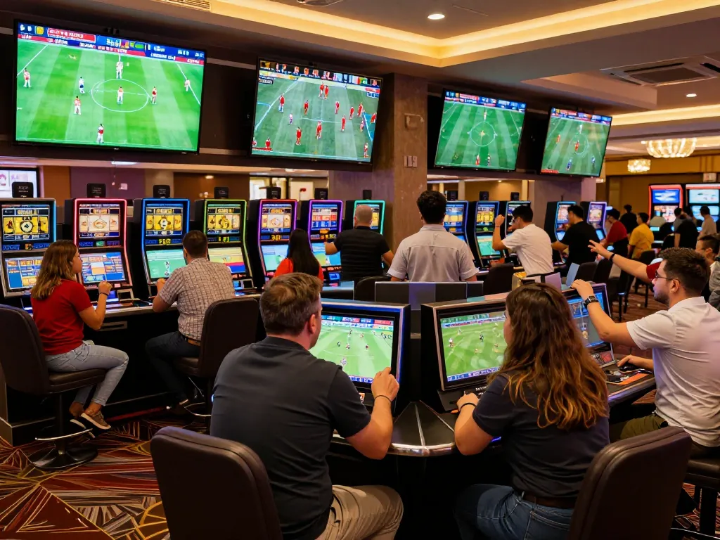 Sports betting excitement at casino with patrons analyzing soi kèo tây ban nha odds during live matches.