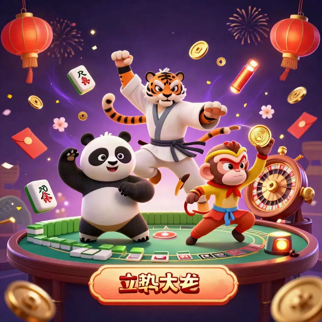 Tiger, panda, and monkey casino heroes amid gold, lanterns, coins, fireworks, and emerald glow