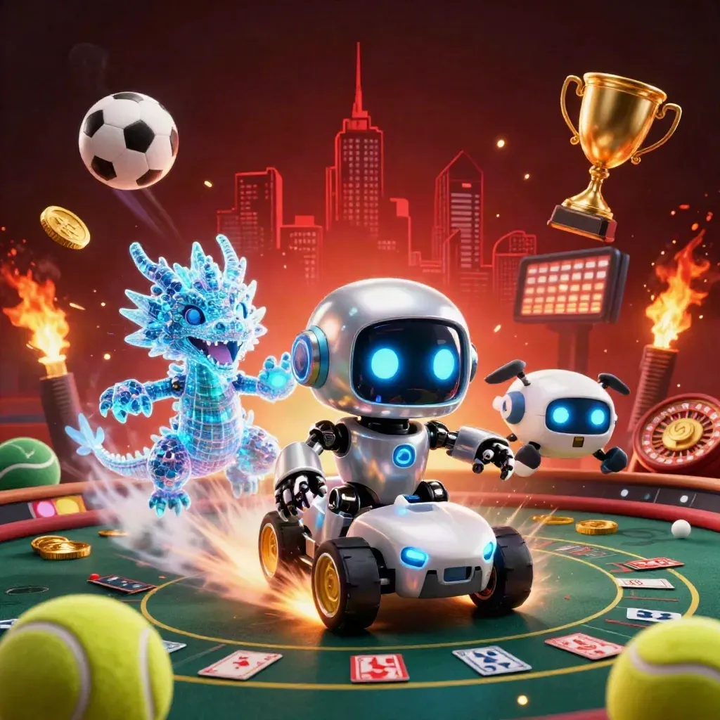 Cyberpunk robot, hologram dragon and coin drone amid casino lights, coins and sports balls.