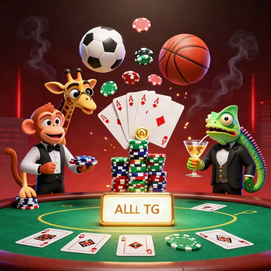 Giraffe, monkey, and chameleon at a glowing poker table with flying sports balls and chips.