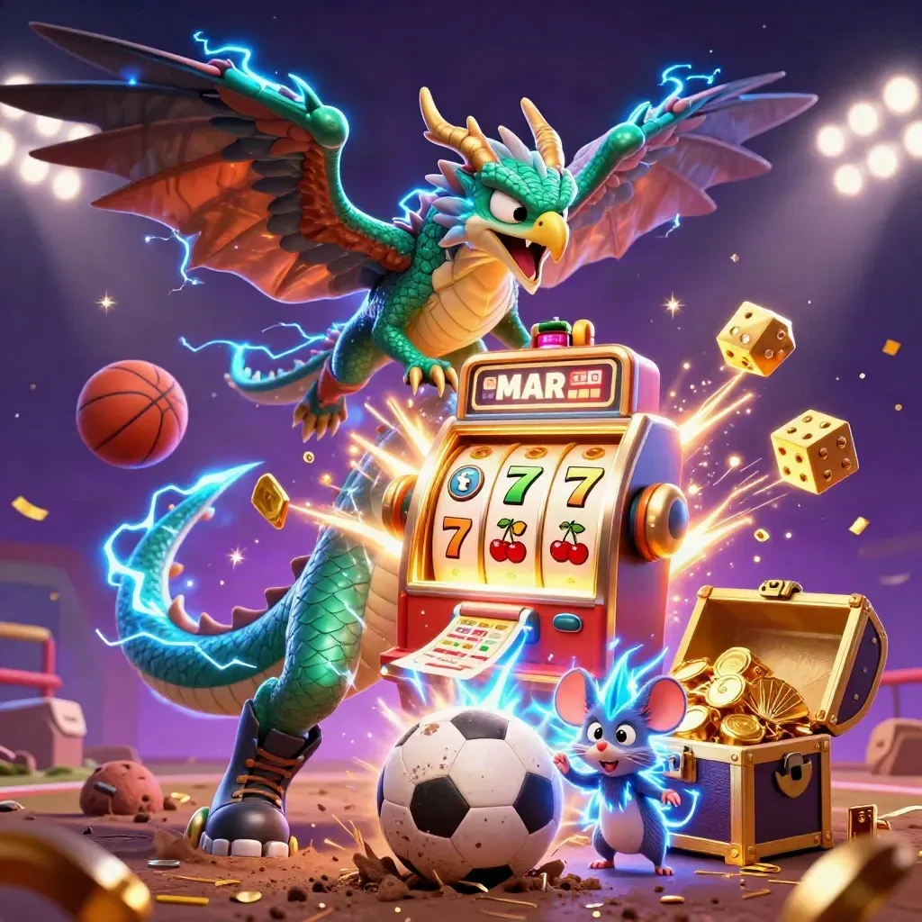 Thunder dragon, hawk, and mouse explode amid casino symbols, sports gear, and glowing magic.