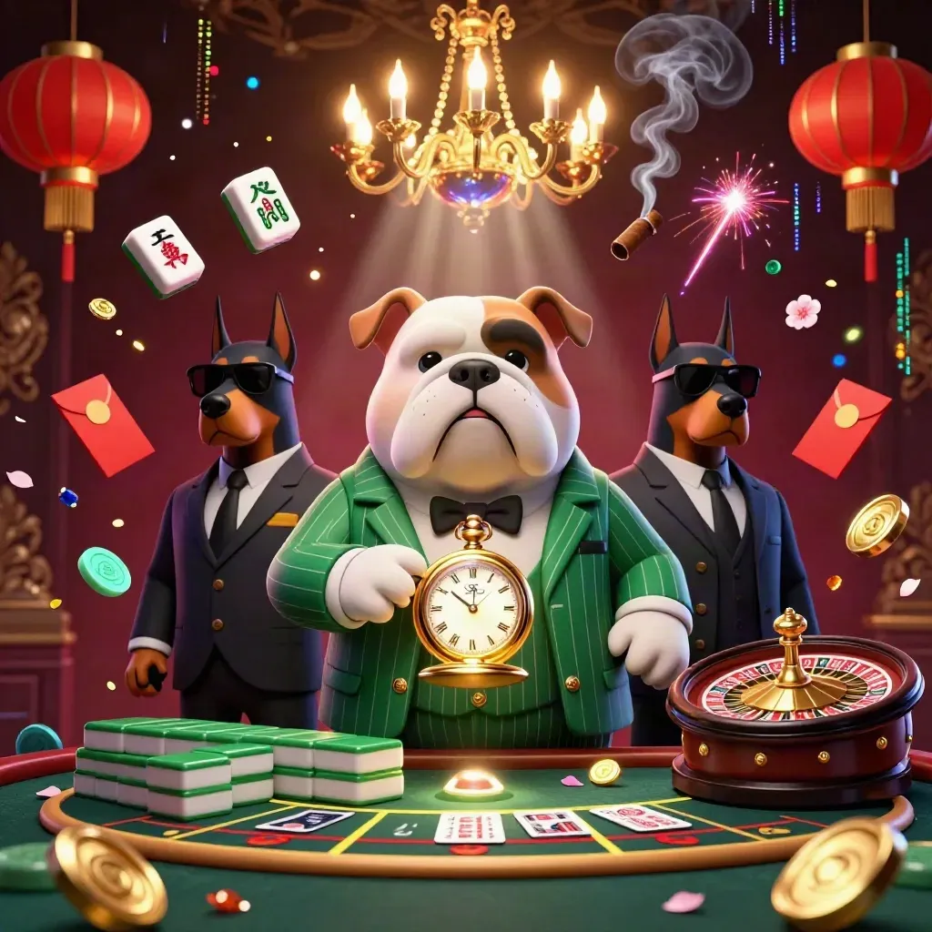 Bulldog boss and Doberman bodyguards in a luxe casino room with gold glow and spinning jade coins.