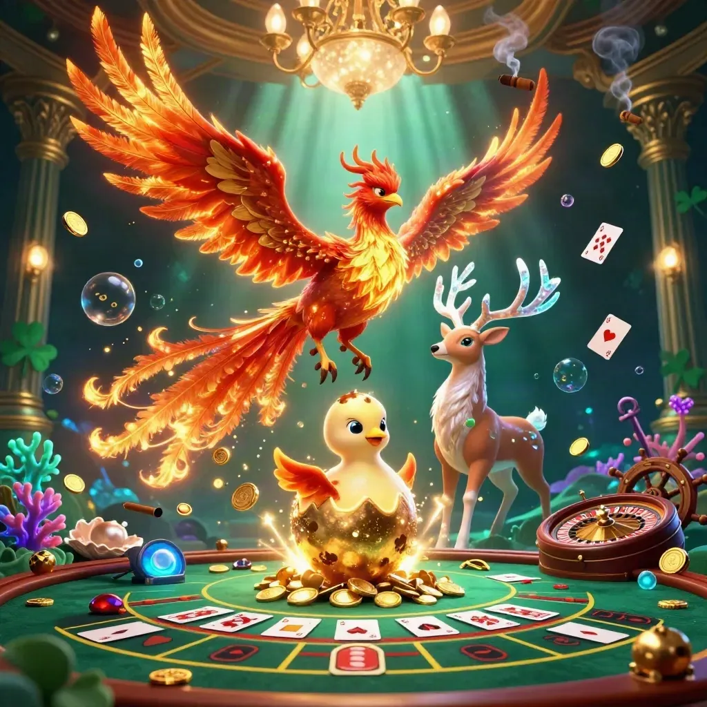 Phoenix, baby phoenix, and crystal stag in a glowing undersea casino hall.