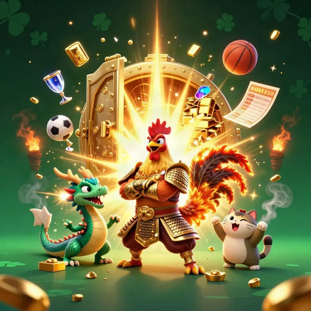 Rooster samurai, dragon hatchling, and fortune cat amid gold vault burst and flying sports balls.