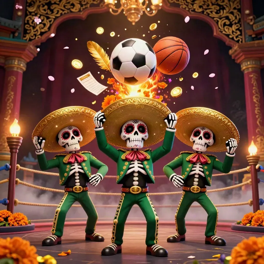 Day-of-Dead skeleton mariachi trio amid flying balls, coins, petals and casino glow.