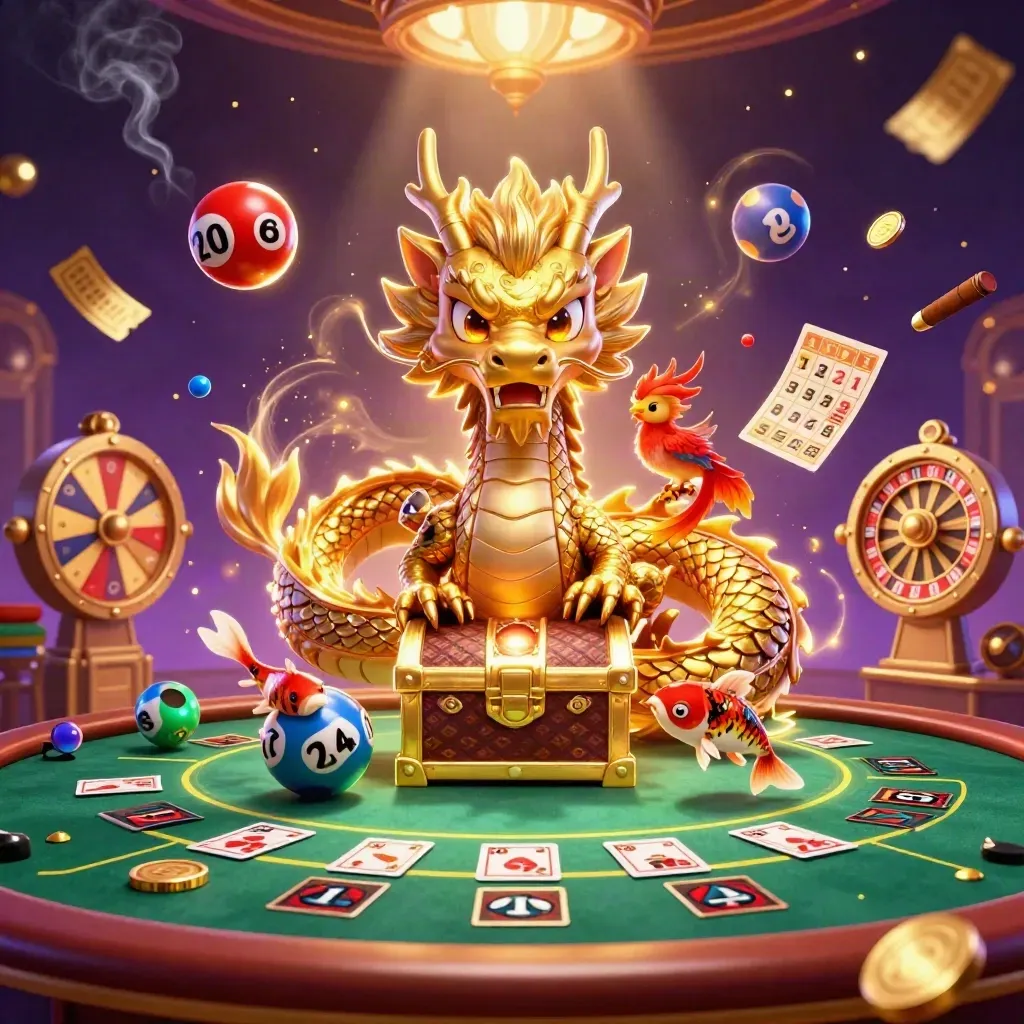 Golden dragon and phoenix over a treasure chest with casino game bursts in a luxe purple space.