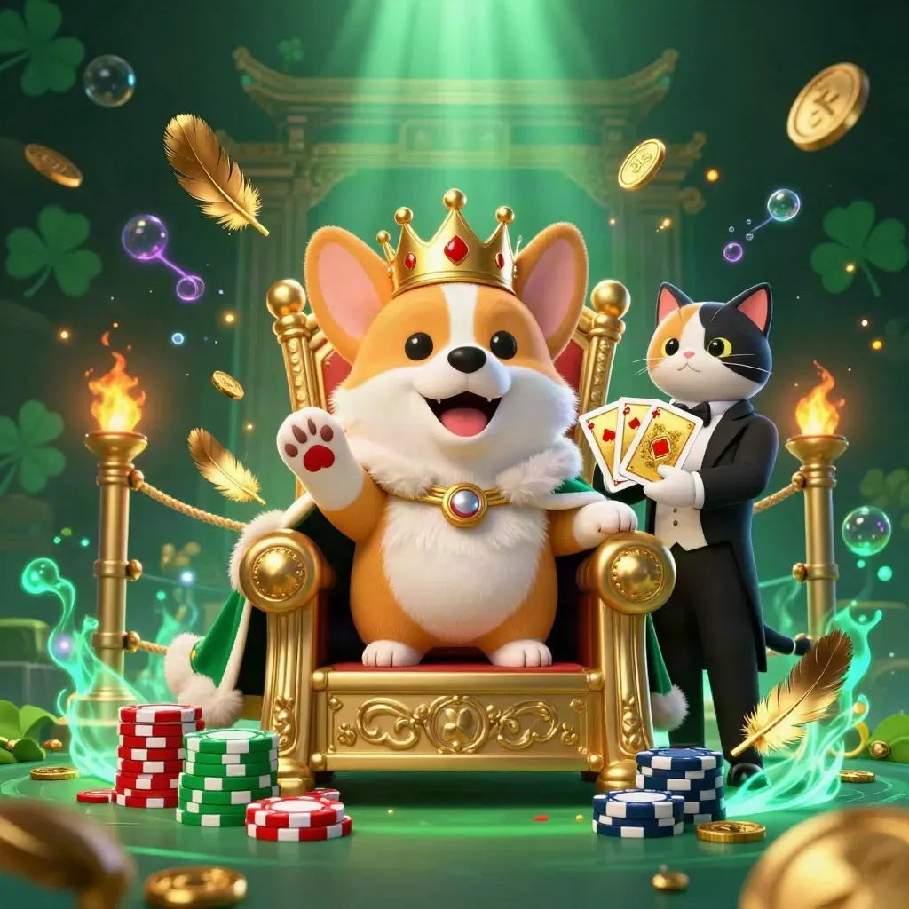 Royal corgi king and cat butler amid gold coins, temple gate, emerald glow, and casino sparkle.
