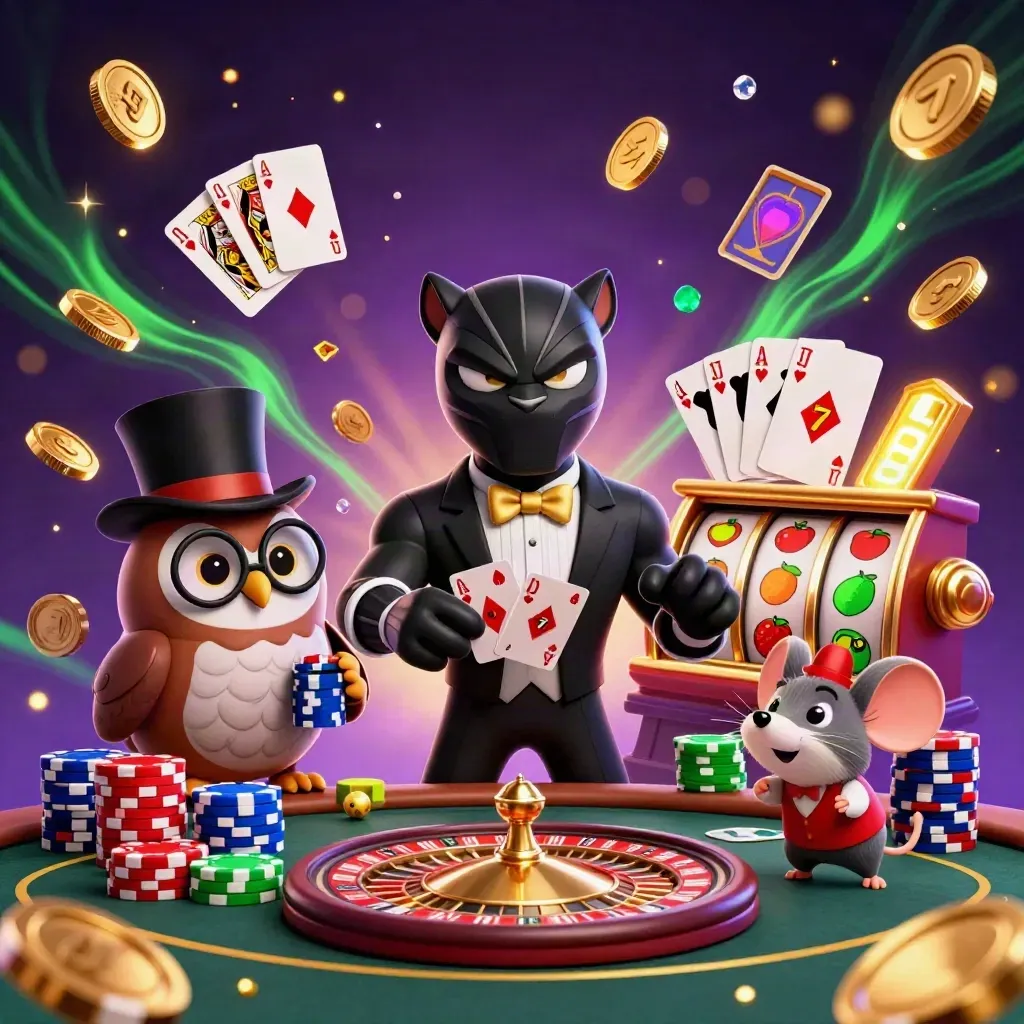 Panther, owl, and mouse in tuxedoed casino chaos with coins, chips, roulette, and emerald glow