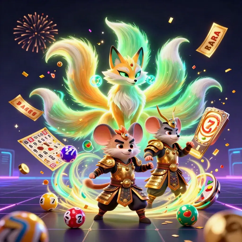 Neon fox spirit and armored mouse amid casino treasures, confetti, fireworks, and glowing effects.
