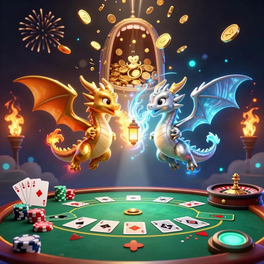Twin gold and silver dragons with fire and ice breath amid coins, chips, cards, fireworks, and a glowing vault.