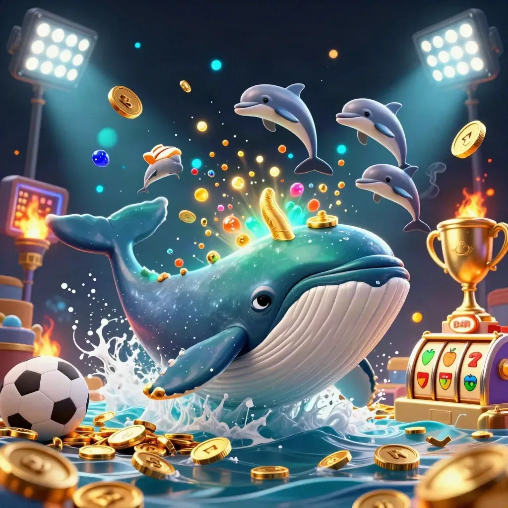 Captain whale, narwhal and dolphins burst through coins with neon casino effects.