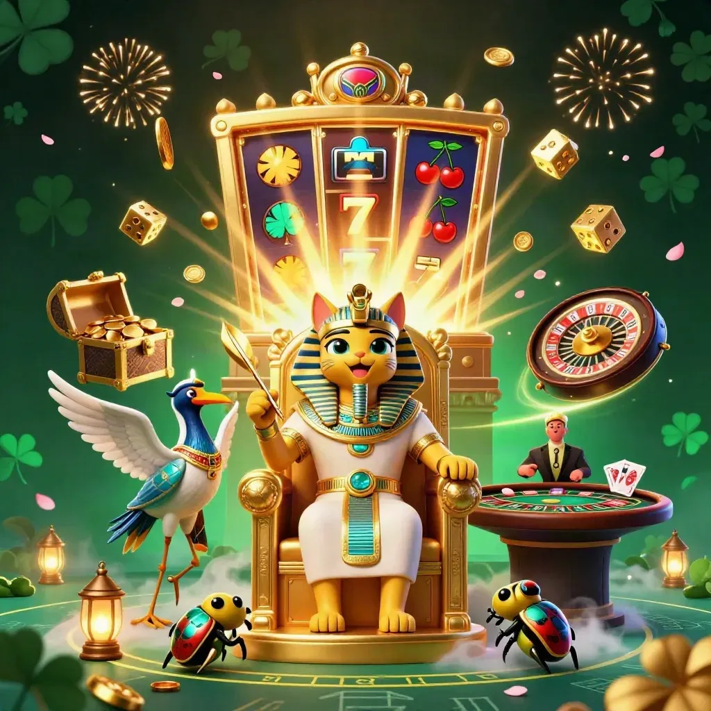 Pharaoh cat, ibis scribe, and gem scarabs amid slot reels, coins, fireworks, and casino symbols.
