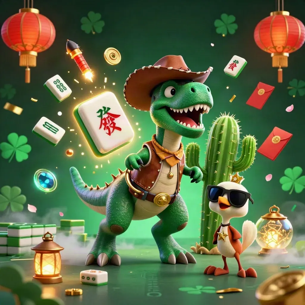 Cowboy T-Rex, cactus sidekick, and roadrunner burst through casino treasure in emerald and gold glow.