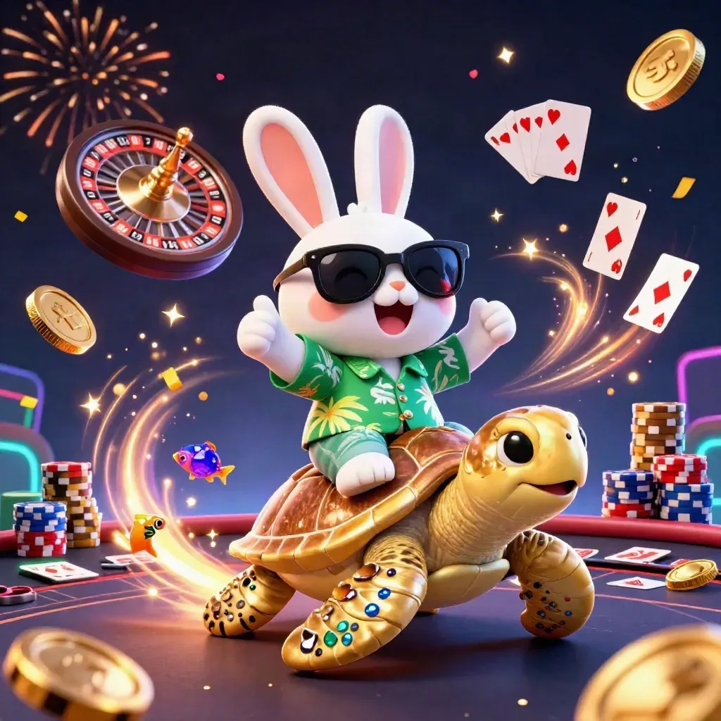 Rabbit on a gem turtle amid coins, cards, chips, fireworks, and casino glow.