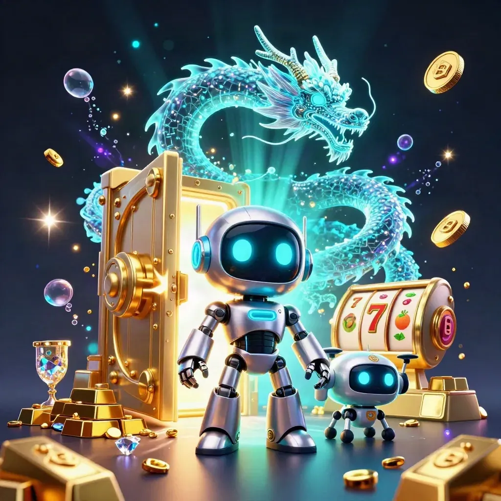 Chrome robot, holographic dragon, coin drone, vault burst, gold, gems, reels, neon casino glow.