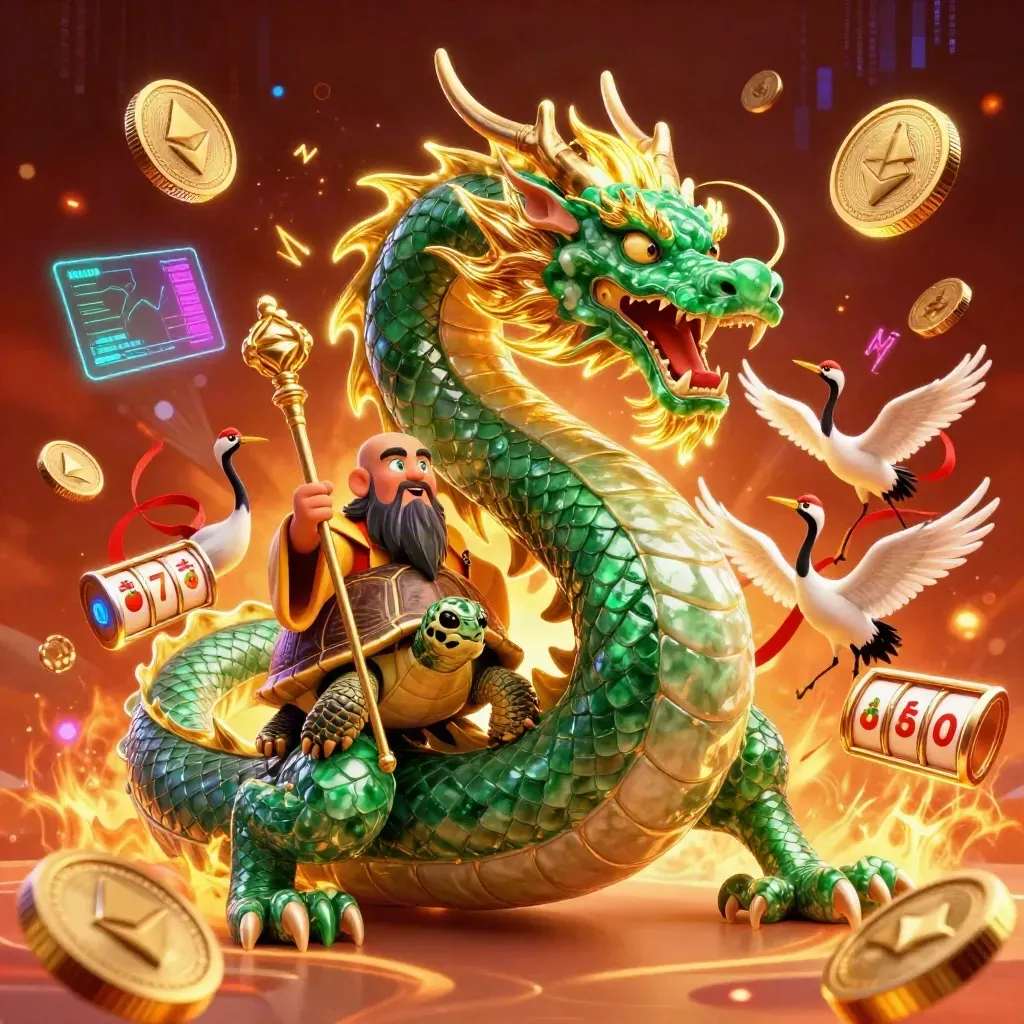 Emerald dragon, turtle sage, and cranes amid casino coins, reels, and glowing digital energy.