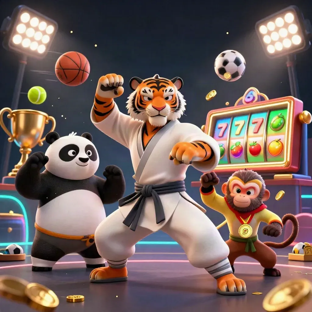 Tiger master, panda disciple, and monkey student amid casino balls, reels, coins, and neon lights.