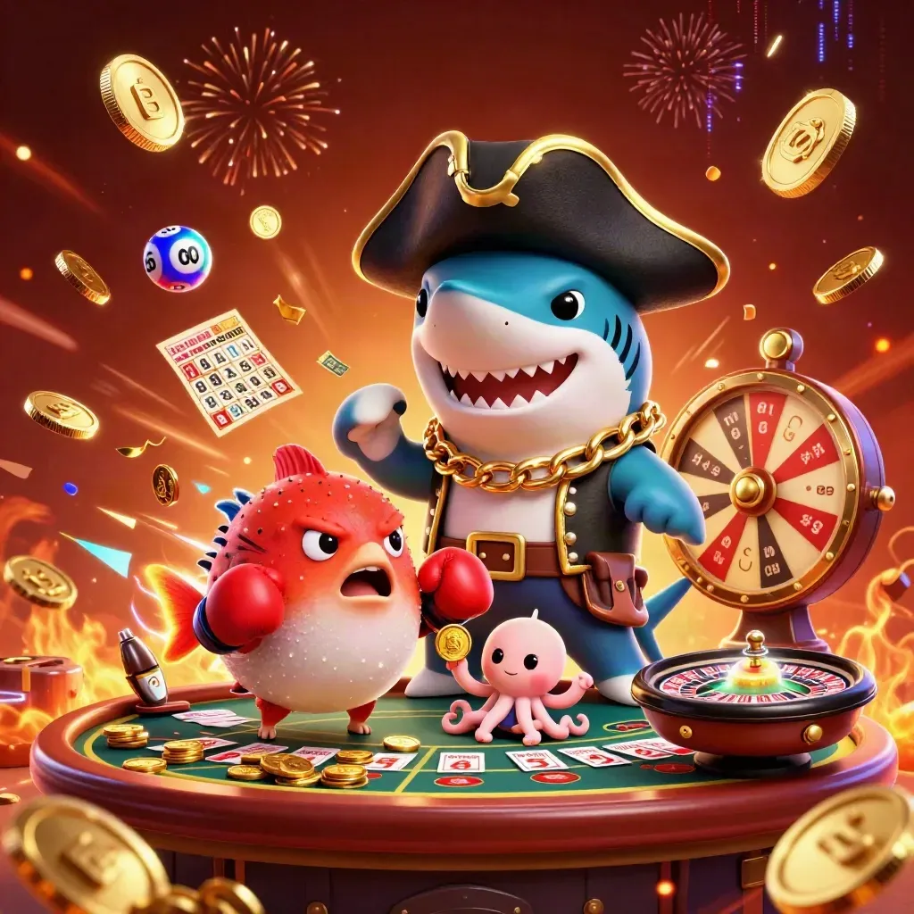 Shark pirate, boxing pufferfish, and juggling octopus amid coins, wheels, and fireworks