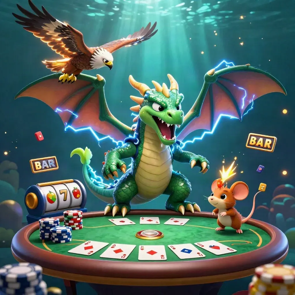 Thunder dragon, wind hawk, and static mouse amid casino chips, cards, and glowing slot symbols.