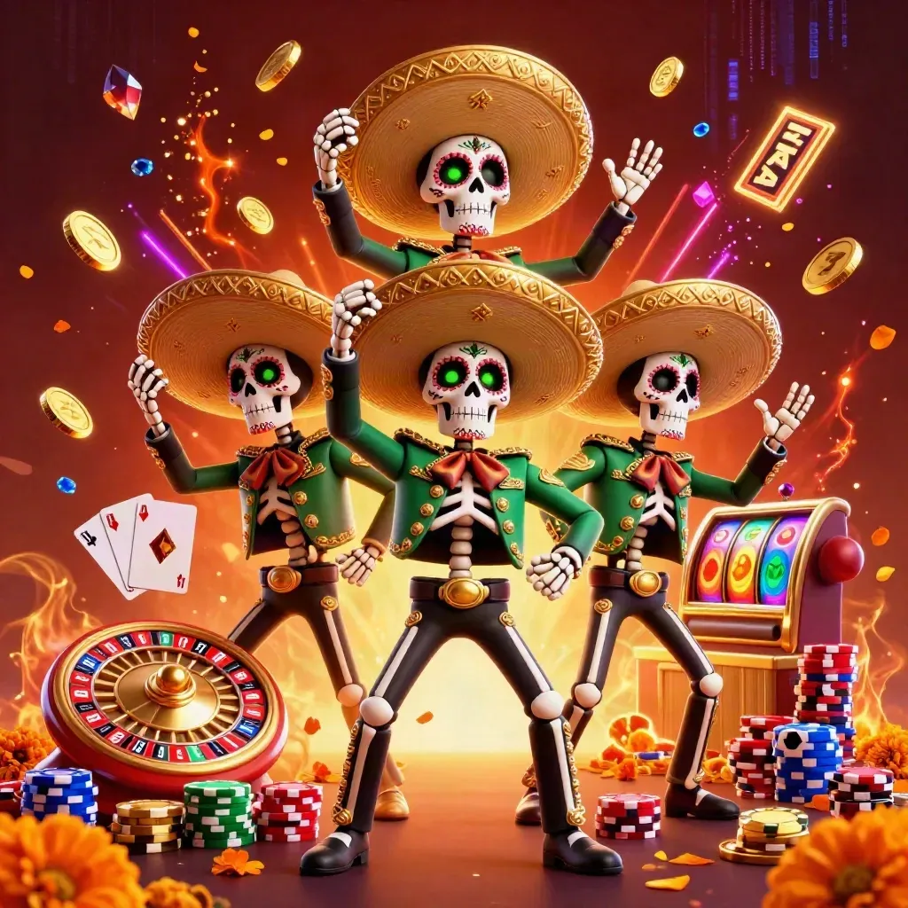 Day-of-the-Dead skeleton mariachi trio amid casino gold, chips, cards, roulette, and neon effects.