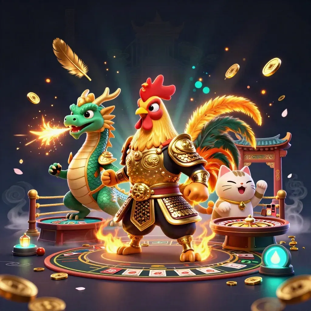 Rooster samurai, dragon hatchling, and fortune cat amid casino symbols and glowing gold effects.