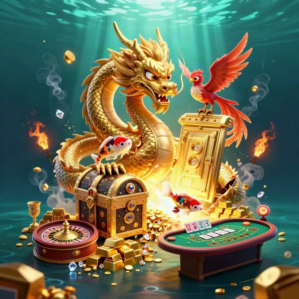 Golden dragon, phoenix, koi, and treasure chest exploding with casino loot and light.