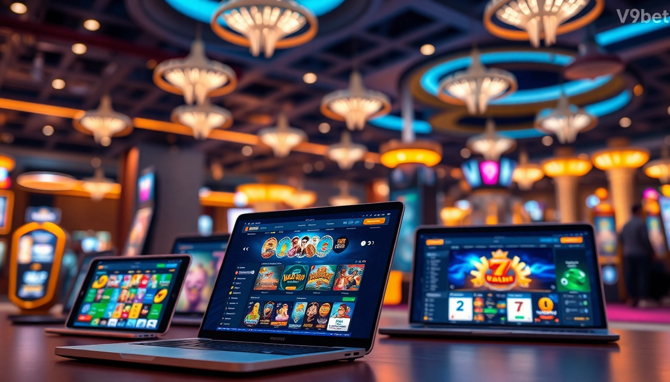 V9bet online casino interface with glamorous gaming elements, offering an engaging user experience.