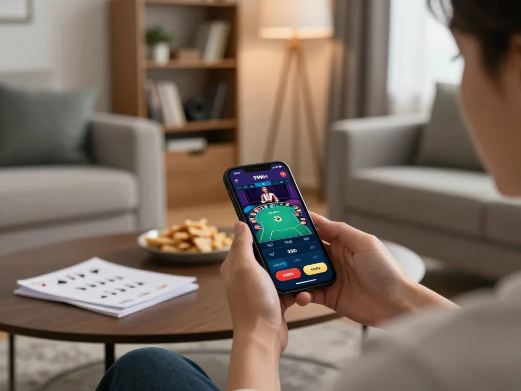 Engaged user playing 99Win on a smartphone in a cozy living room setting, emphasizing responsible gambling.