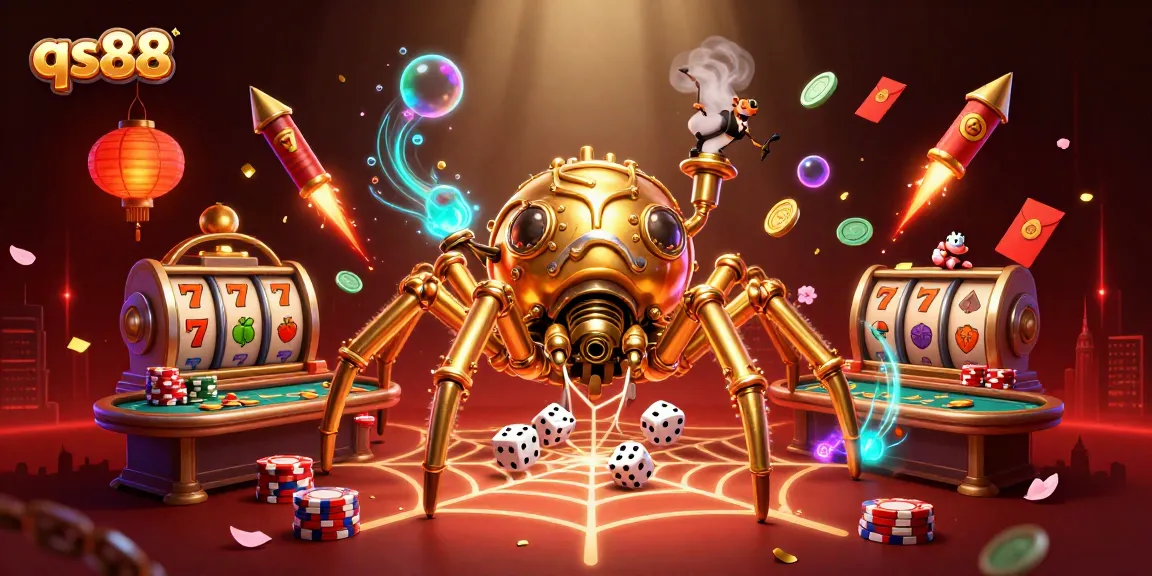 Engage with qs88's thrilling casino action featuring a golden spider and lively poker tables.