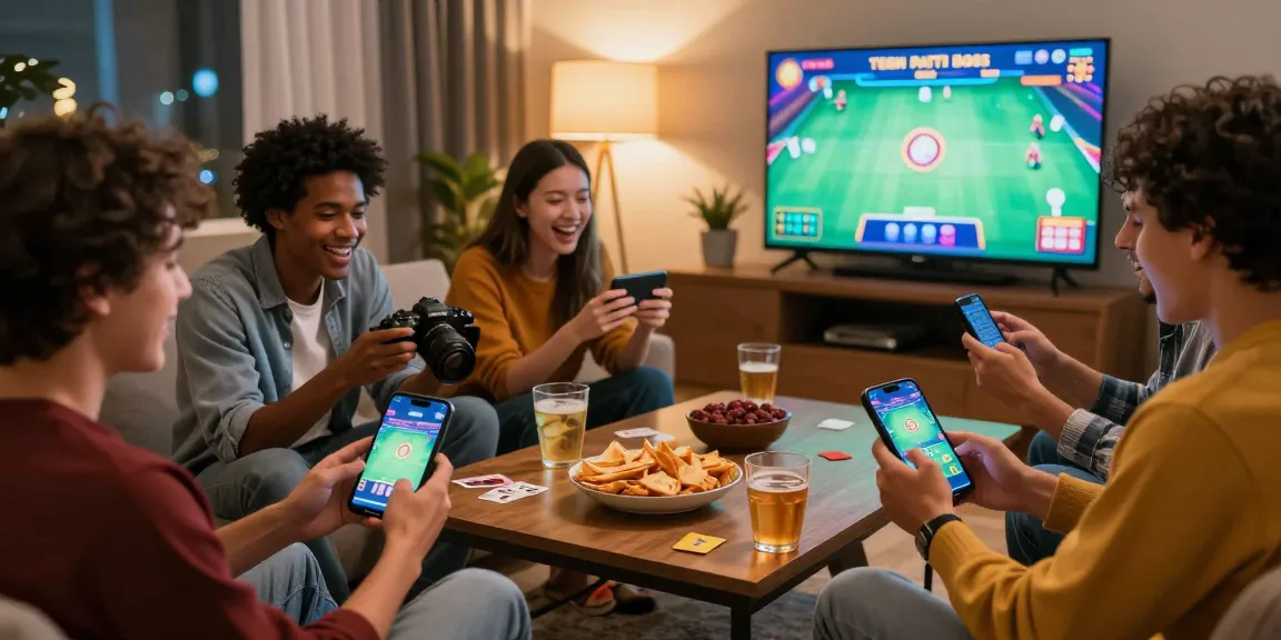 Friends enjoying Teen Patti Boss app in a lively living room, see details of their gaming experience.