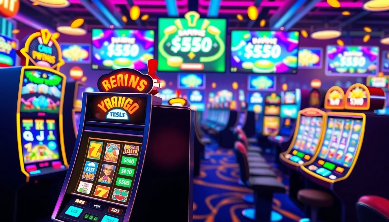 Garasislot menampilkan mesin slot berwarna cerah dengan simbol menarik dan suasana kasino daring.