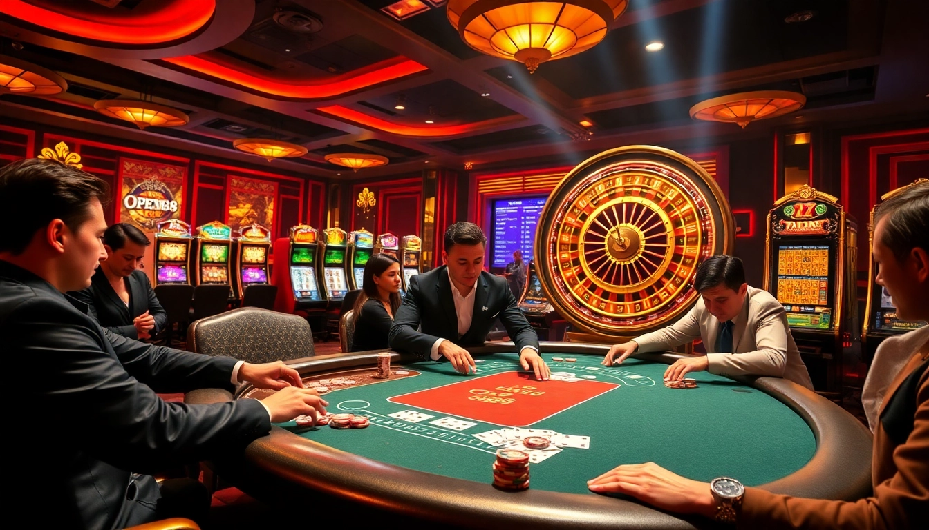 Engaging scene of OPEN88 casino with poker table and vibrant slot machines.