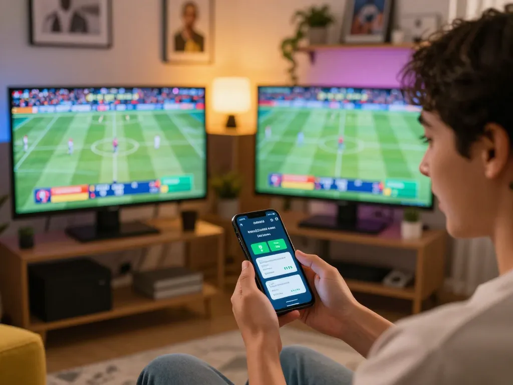 Experience rwin excitement as a player engages with live sports betting on their smartphone in a cozy setting