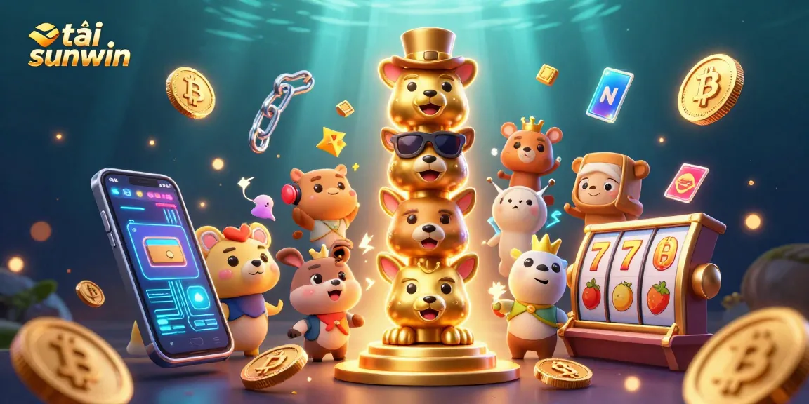 Tải sunwin to experience a vibrant 3D casino scene with a textured golden totem pole and dynamic slot elements.