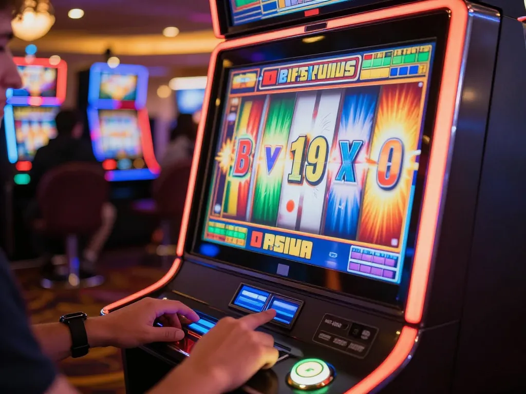Player engaging with a slot machine, vibrant reels and bright lights creating an exciting casino atmosphere