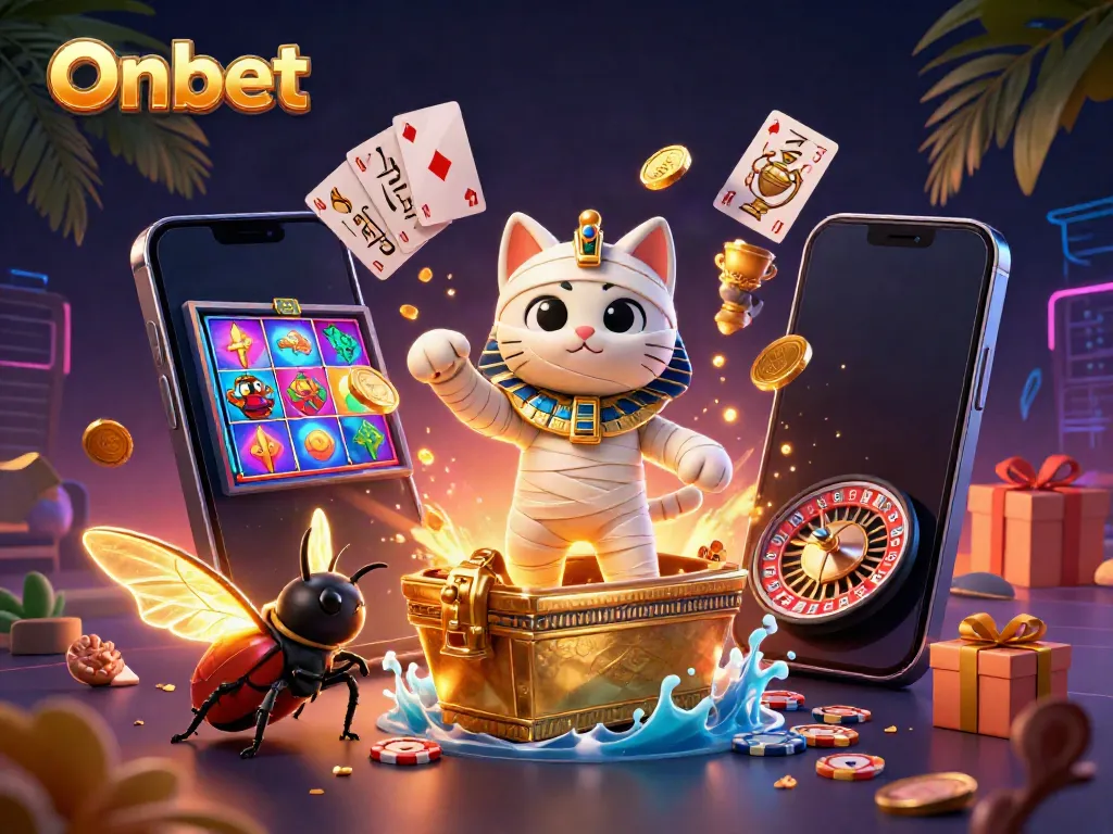 Onbet brings excitement as the Egyptian mummy cat reveals casino magic amidst swirling slot games.