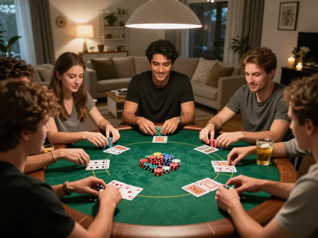 Friends engaging in a challenging C168 poker game at home, showcasing chips, cards, and snacks.