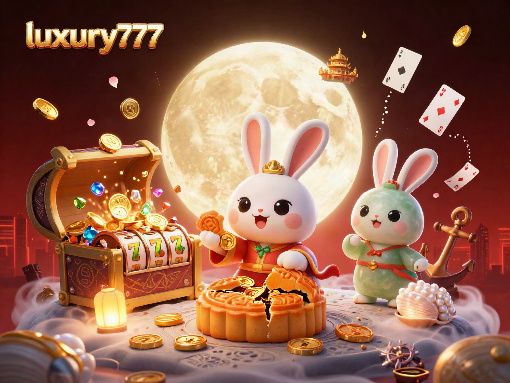 Permainan slot Luxury777 dengan kelinci bulan dan koin emas menghiasi gambar ini secara mengesankan.